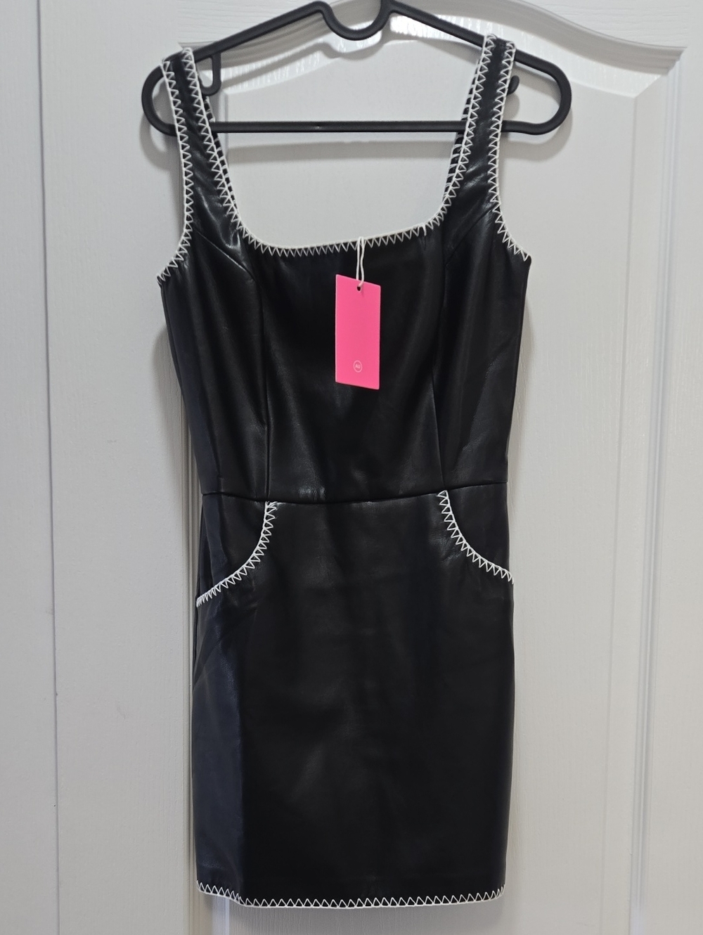 Amanda Uprichard Black Faux Leather Mini Dress with White Contrast Stitching